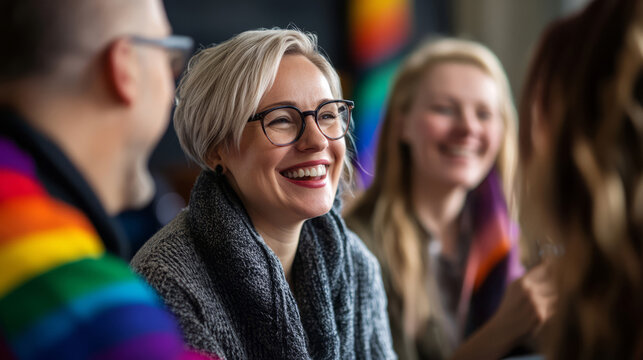People of different generations sharing stories at an LGBT community center during LGBT History Month