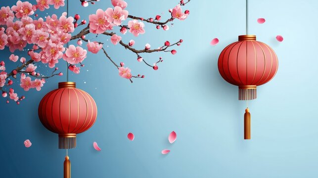 Chinese new year banner with lantern and flowers on blue background. Vector illustration for banner, flyers, posters, greeting cards, invitation
