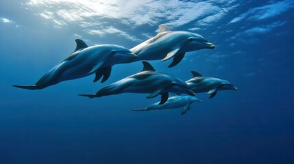 Naklejka premium Group of dolphins swimming in synchrony, their bodies creating graceful arcs in the water, open ocean