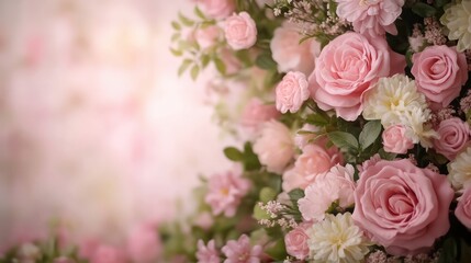 A bouquet of pink roses and white daisies. The flowers are arranged in a way that creates a sense of movement and flow. The pink and white colors create a soft and romantic mood