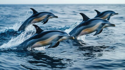Group of dolphins swimming in synchrony, their bodies creating graceful arcs in the water, open ocean