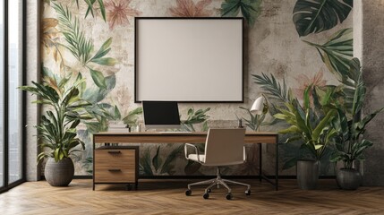 Fototapeta premium Vibrant Tropical Wallpaper with Office Furniture