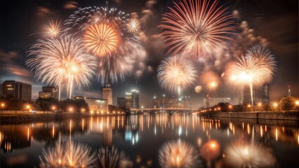 Fototapeta premium Stunning fireworks display over a city skyline reflecting on a river at night