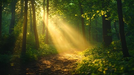 Obraz premium a path in the woods with sunlight streaming through the trees and leaves