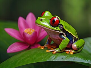 Naklejka premium Red Eyed Tree Frog On Green Leaf With Pink Flower