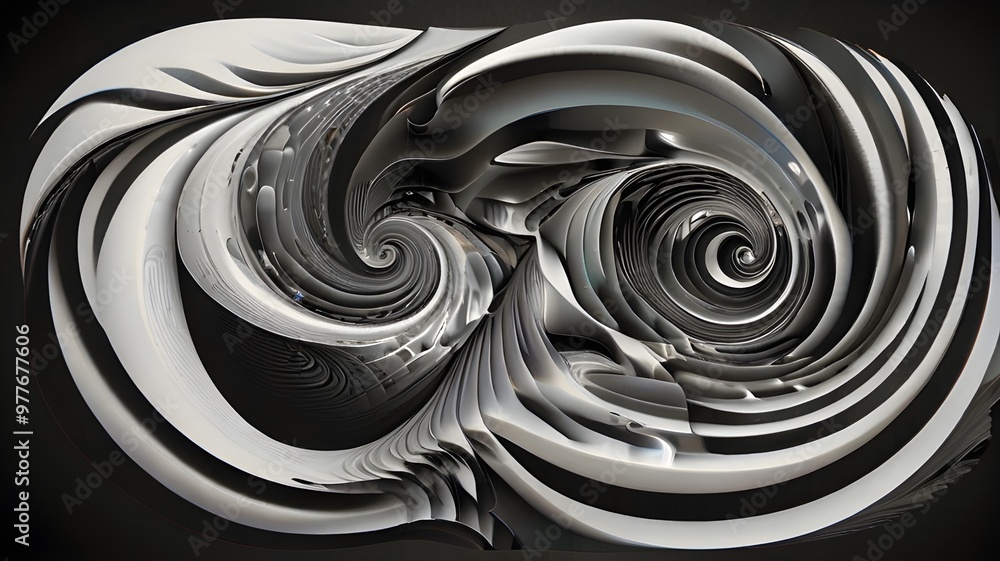 Poster hypnotic abstract black and white spiral swirl pattern with intricate twisting design – monochrome o