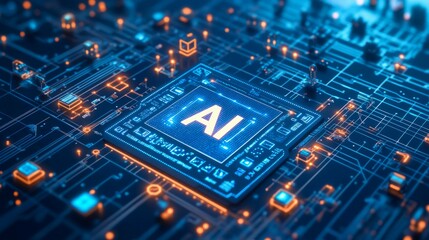 Obraz premium a circuit board with a square in the middle displaying the letter AI.