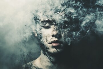 Surreal portrait of a woman with smoke and abstract shapes covering her face