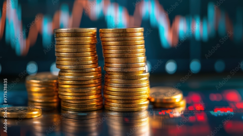 Wall mural stacks of gold coins with a background of financial trading graphs