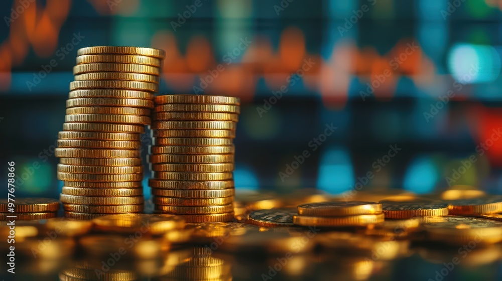 Poster stacks of gold coins with a background of financial trading graphs