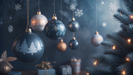Elegant Christmas ornaments hanging from a tree with a soft blue background and festive decorations