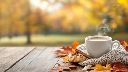 A white coffee cup with a cinnamon roll and a few leaves on a table. Concept of warmth and comfort, as the coffee