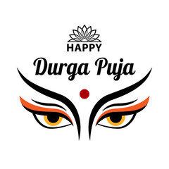 Text Happy Durga Puja and eyes of goddess isolated on white background, flat vector design for greeting card, banner or poster.
