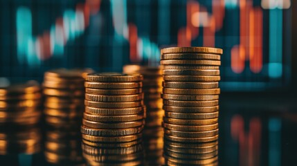 Stacks of gold coins with a background of financial trading graphs