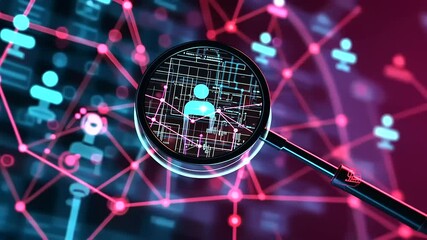 A magnifying glass picking out a single human icon from a crowd of similar icons, with digital lines connecting to it, representing CRM's precision in customer focus