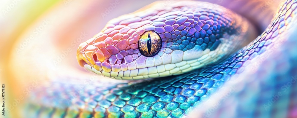 Poster vivid close-up of a rainbow boa displaying iridescent scales in a mesmerizing blend of colors and te
