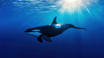 Orca whale swimming majestically in the deep blue sea, sunlight filtering through the water, calm and powerful