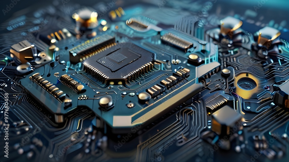 Poster close-up of a futuristic computer motherboard, highlighting intricate circuits, chips, and technolog