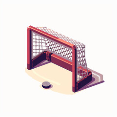 A cool retro 8 bit game art style image of a hockey put and goal on a white background