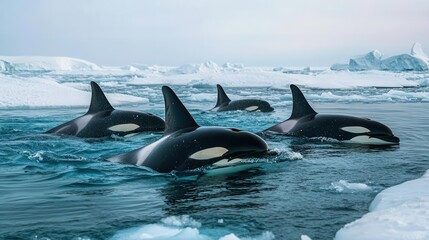 Fototapeta premium Pod of orcas swimming through the icy waters, their black and white bodies contrasting with the blue ocean