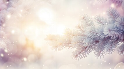 Delicate frosted pine branches illuminated by soft light in a dreamy winter atmosphere