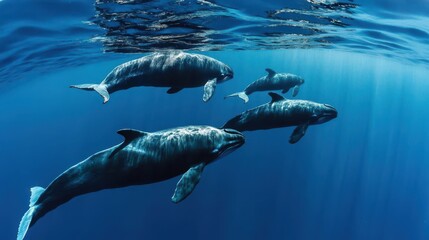 Fototapeta premium Pod of pilot whales swimming together in the open ocean, calm and tranquil atmosphere