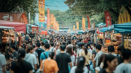 A large crowd of festival attendees walking past vegetarian food stalls with the à¹€à¸ˆ logo