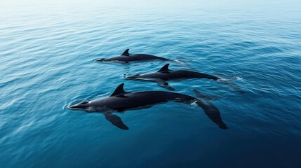 Fototapeta premium Pod of pilot whales swimming together in the open ocean, calm and tranquil atmosphere