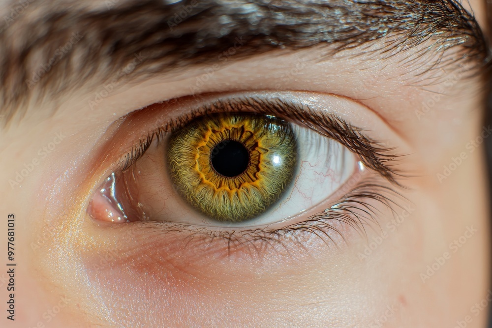 Poster close up of a hazel eye with deep golden tones symbolizing warmth perception and the unique details 