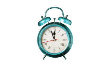 retro clock, pointer clock, blue color alarm clock on isolated white background close up