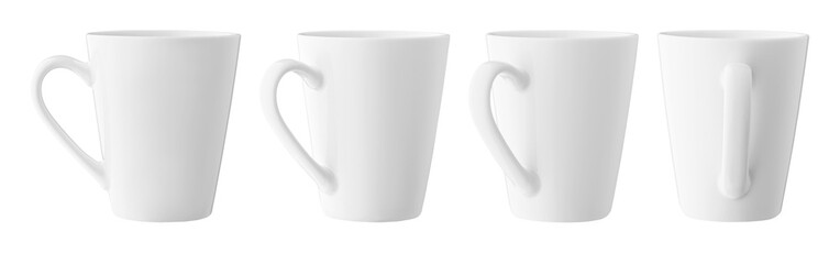 set of white cups for tea or coffee on isolated white background close up