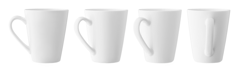 set of white cups for tea or coffee on isolated white background close up