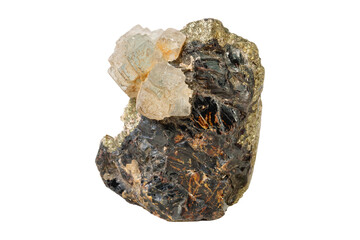 Sphalerite with fluorite mineral stone and pyrite on a white background close up.