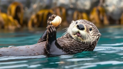 Sea otter floating on its back, holding a seashell, playful and curious expression, kelp forest in the background