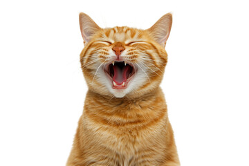 Sleepy red cat yawning isolated cut out on blank background