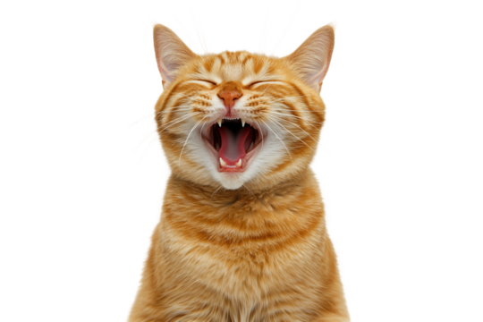 Sleepy red cat yawning isolated cut out on blank background