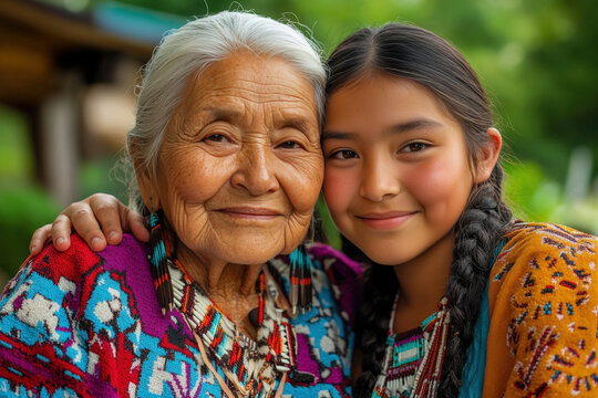 Grandmother and her granddaughter are posing with a complicit smile, both wearing traditional colorful clothes