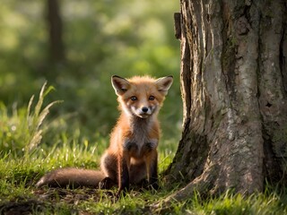 Cute Red Fox Kit in Forest Setting with Tree Trunk