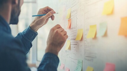 Business professionals brainstorming budget strategies on a whiteboard, colorful post-its and notes