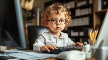 Child posing as an accountant, typing on a computer, surrounded by tax forms and financial reports.