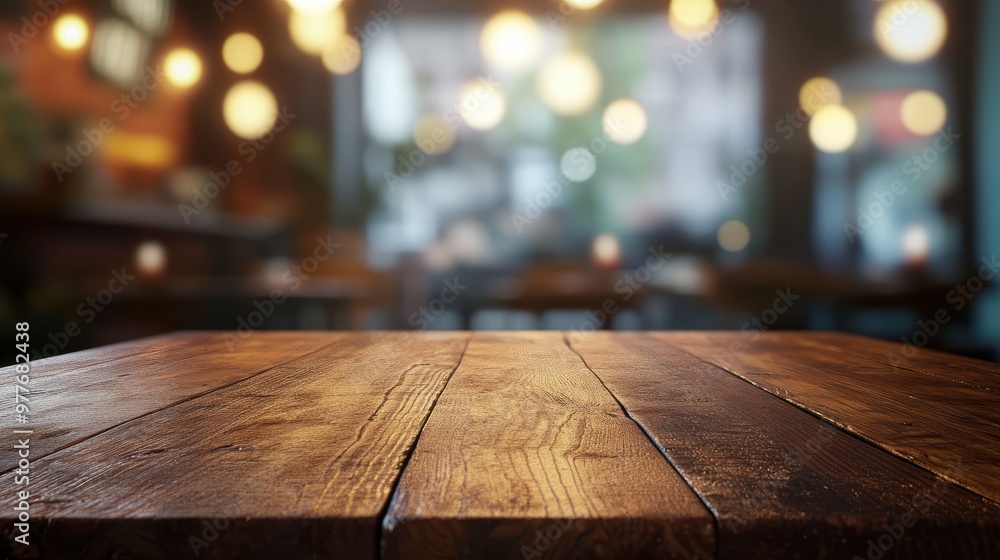 Poster empty rustic wood table and blurred soft light table in restaurant with bokeh background. product di