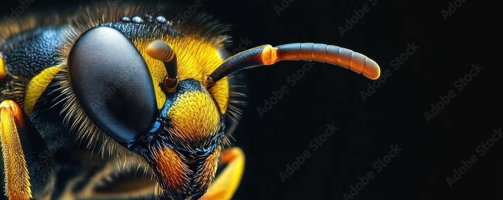 Poster close-up image of a vivid wasp with detailed focus on stinger, showcasing the intricate design and v