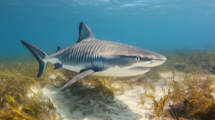 Fototapeta premium Tiger shark swimming in shallow waters, its stripes visible against the sandy bottom, powerful and sleek