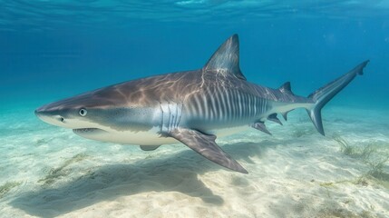 Tiger shark swimming in shallow waters, its stripes visible against the sandy bottom, powerful and sleek