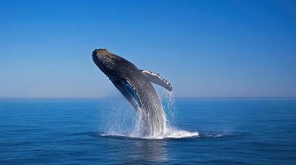 Fototapeta premium Whale breaching the surface of a deep blue ocean, creating a dramatic splash, calm horizon line