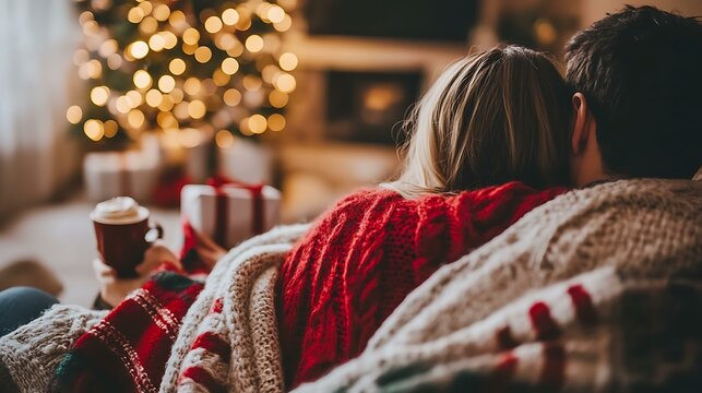 A couple snuggled under a blanket, watching a Christmas movie on the couch with hot cocoa in hand