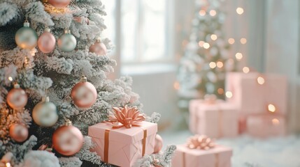 Festive decorated Christmas tree with gifts box. Merry Christmas and Happy new year. Holiday background soft pastel colors with gift surprise under the xmas tree