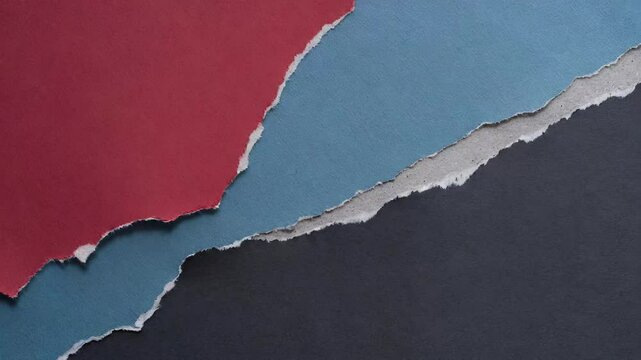 Abstract artistic animation background with layered torn paper textures in red, blue, and dark tones, seamless 4K loop motion graphic.
