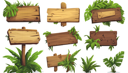 Set of wooden signboards with tropical floral elements, perfect for jungle-themed designs or video game interfaces. 