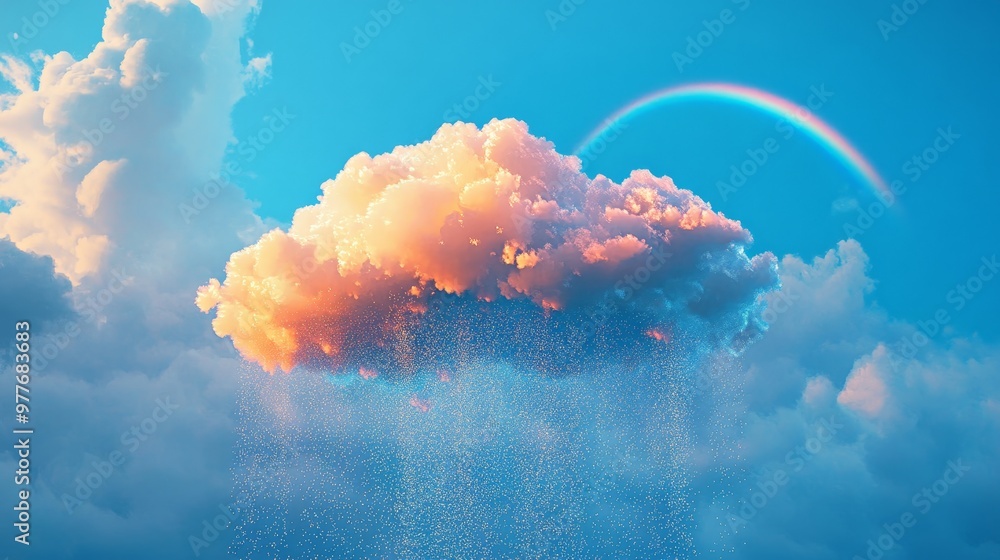 Poster golden clouds illuminated by sunlight with a subtle rainbow in the sky at dusk, creating a serene at